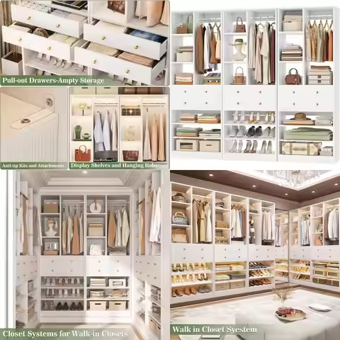 84 7-Tier White Walk-in Closet Organizer System with Drawers and Shelves, Holds Over 1800 lbs, 3-Pie