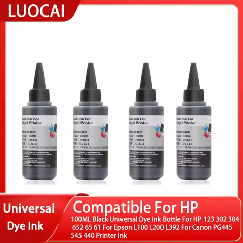 100ML Black Universal Dye Ink Bottle For HP 123 302 304 652 65 61 For Epson L100 L200 L392 For Canon