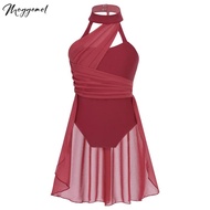 Kids Girls Figure Ice Skating Dress Ballroom Ballet Lyrical Dance Dress Halter Neck Gymnastics Leota