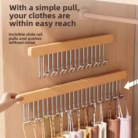 No punching solid wood 8 hook hanger household retractable slide rail wardrobe suspender underwear b