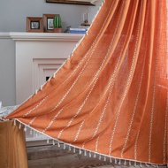 Curtain Half Blackout Cotton Linen Stripe Embroidery Orange Tassel American Curtain for Bedroom Bay 