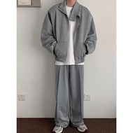 Baju set seluar Versi Korea longgar kolar berdiri pad bahu kardigan sweater jaket sukan kasual lelak