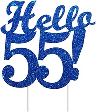 Hello 55 Cake Toppers Blue Glitter, Happy 55th Birthday Cake Decorations Cheers to 55 Years Party De