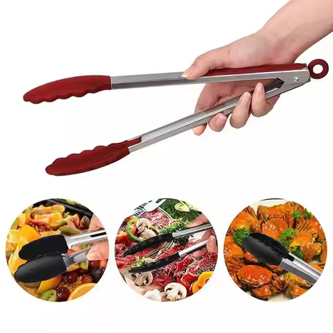 9-inch silicone food tongs Kitchen Grill stainless steel food grade silicone tip non-slip food tongs