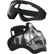 AOUTACC Airsoft Mask and Goggles, Skull Airsoft Half Face Mask Steel Mesh and Goggles Set for CS Pai