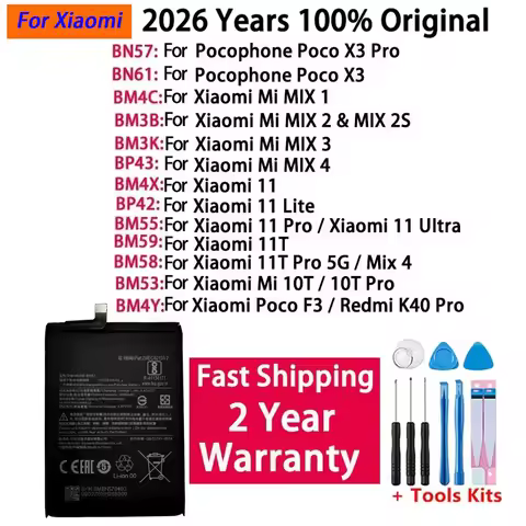 2026 Years 100% Original Battery For Xiaomi Mi Mix 1 2 2S 3 4 Poco X3 F3 Redmi K40 10T 11T Mi 11 Mi1