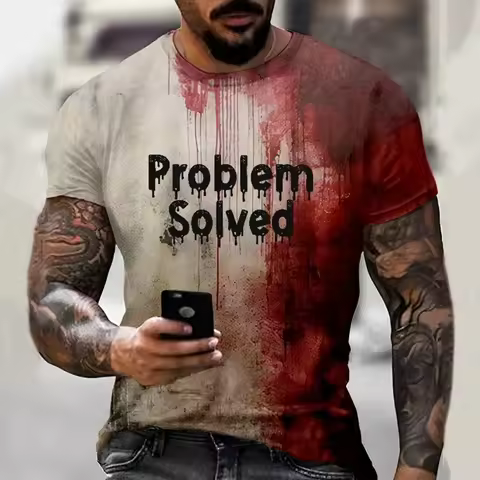 Men's T Shirts Problem Solved Bloody Print Tees Fashion Horrible Halloween Short Sleeve Casual Round