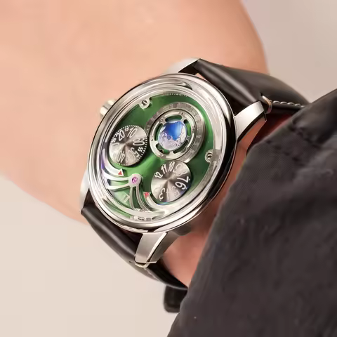 OBLVLO Men's 3 Eyes Automatic Watch Fashion Eagle Green Dial Blue Luminous Hands Leather Strap Water