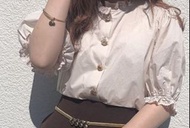 #免運 日單 NICE CLAUP 蕾絲領寶石珍珠釦可愛泡泡袖薄款襯衫