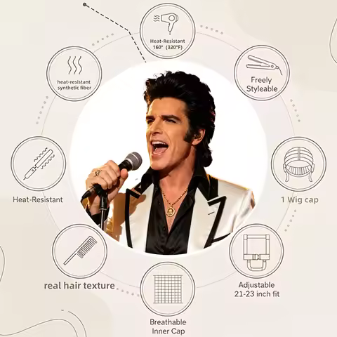Halloween Elvis Presley Cosplay Costume Set Men Black Pompadour Wig Gold Sunglasses 50s Rock Dress U