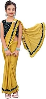 Girls Lycra Blend Ruffle Pattern Saree With Velvet Unstitched Blouse Piece, Yellow, 6-7 Year - M, Ye