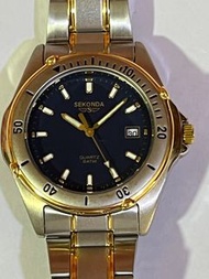 SEKONDA 圓形金銀色金屬錶殼藍色錶面日曆功能金銀色鋼帶手錶