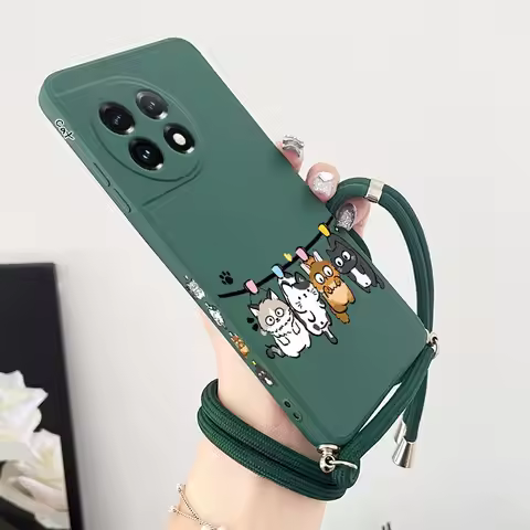 11R Four Little Cat Lanyard Silicone Phone Case For Oneplus 11R 11 9Pro 10 10T Nord 2 Nord CE 9RT 9 