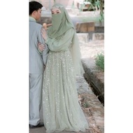 gaun pengantin muslimah syar'i gaun pengantin hijau sage gaun akad