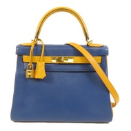 HERMES Chevre皮革Kelly 28金扣手挽肩背兩用袋Deep Blue/Jaune Ambre
