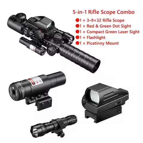 5 in 1 3-9x32 Scope Combo with Dual Illuminated Optics 4 Holographic Red/Green Dot IIIA/2MW Laser Re