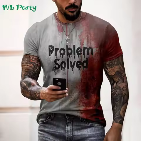 Problem Solved Bloody Print Men's Clothing Fashion T-shirts for Men Horrible Halloween Short Sleeve