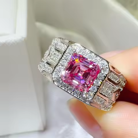 Exquisite Carat Pink Asscher Cut Luxury Ring For Men 2ct Moissanite PT950 Platinum | 2ct pink diamon
