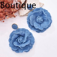 Denim Blue Fabric Earrings, Exaggerate Handmade Blue Rose Earrings, Ornament Denims Flower Earrings
