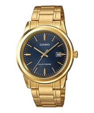 CASIO SOLAR WATCH 卡西歐霧亮金不鏽鋼寶藍面太陽能鋼帶腕錶 型號：MTP-VS01G-2A【神梭鐘錶】
