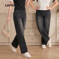 Lovito Seluar Jeans Kasual Poket Misai Kucing Untuk Wanita Saiz Besar L106AD1240