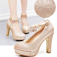 AE2 Wedding gift Wedding shoes gold high heels thick heels waterproof platform middle heel bride sho