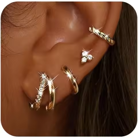 4 Pairs 14K Gold Plated Hoop Earrings for Women Surgical Steel Huggie Earings Stacks Set Dainty Cart