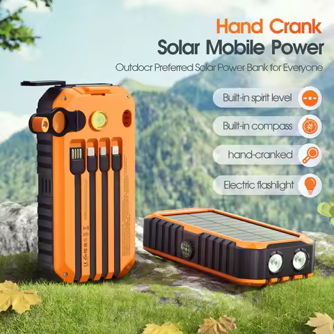 40000mAh Solar Power Bank with Hand Crank Portable 22.5W Fast Charger Built-in Cable External Batter