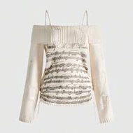 เสื้อสเวตเตอร์เปิดไหล่ J-Fashion พิมพ์ลายโน้ตดนตรีสำหรับผู้หญิง