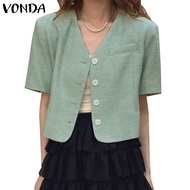 Vonda Women Korean Open Placket Short Sleeves Buttons Solid Color Blazer