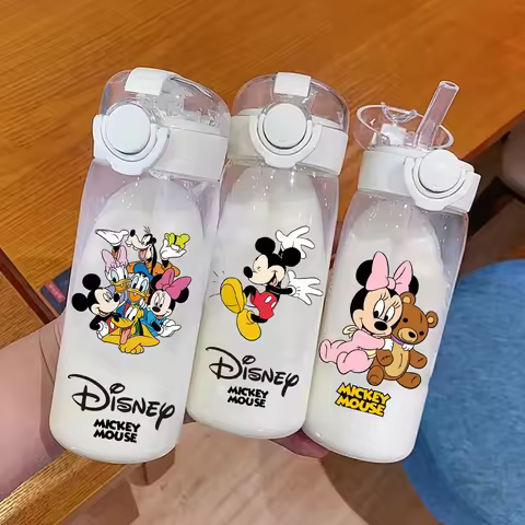 400/600ML Disney Mickey Mouse Straw Plastic Water Bottle Portable Transparent Large Capacity Kids Dr