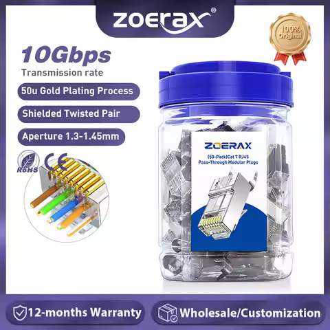 ZoeRax 50-Pack Shielded RJ45 Cat7 Cat6A Pass Through connectors - 3 Prong 8P8C 50U Gold Plated 2-Pie