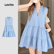Lovito Casual Dress Pleated Tiered Layer Commute Spring/summer Blue Dress for Women LK3ED603 Lovito 
