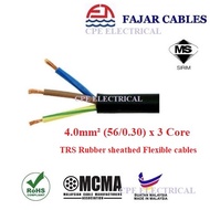 10 Meter X FAJAR TRS 4MM X 3C (56/0.30) Rubber Flexible CABLE 100% Pure Copper