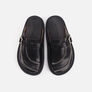 notdetailed原創 拼接雙拉鏈包頭拖鞋 黑色真皮半托 夏季厚底涼鞋