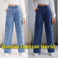 Seluar Cargo Palazzo Wide Leg Untuk Perempuan High Quality Seluar Cargo Six Pocket Acid Wash