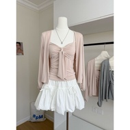 YUEZHONGWEI | ชุดเสื้อสายเดี่ยวสีเทาพร้อมโบว์ 2 ชิ้น สไตล์ OOTD ฤดูใบไม้ร่วง