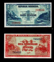 【低價外鈔】印尼 1951-53年 1- 2½ Rupiah 紙鈔二枚一組  P38&amp;41 絕版少見~95~98新
