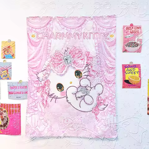 チャーミーキティピンク Charmmy Kitty Pink Tapestry, Sanrio Cat Character with Lace Bow Wall Hanging, Yume Kawai