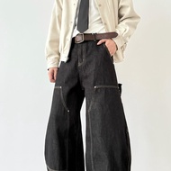 Hanlu กางเกงยีนส์ขากว้างทรงหลวมสำหรับผู้ชายรายละเอียดการเย็บและกระเป๋าขนาดใหญ่