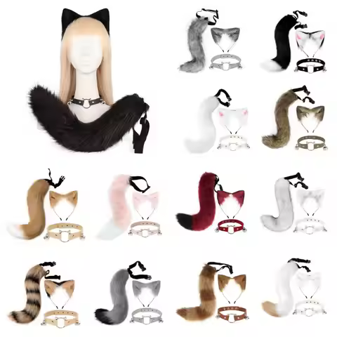 3pcs Cute Fox Ears Wolf Ears HairBand+Plush Tail +Bell Collar for Performance Halloween Costume Acce