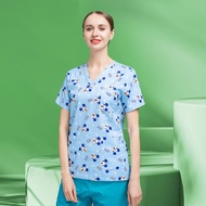 Men Women Same Style Scrub Top Cotton Fabric Printed Pattern V-Neck Short-Sleeved