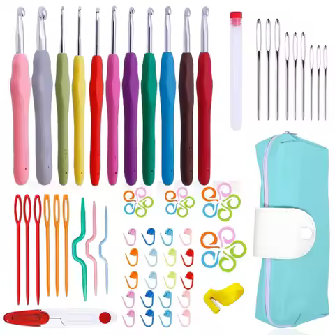 Knit Crochet Hook Kit Knitting Needles Set with Bag, Steel Large Eye Blunt Needle, Markers, DIY Hand