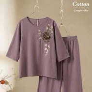 Floral Embroidered Shirt And Pants Set For Middle-Aged Elderly Women Godmother Maroon Summer 50s Vin