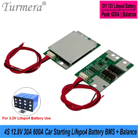 Turmera 4S 12.8V 30A Peak 600A Lifepo4 Battery BMS with Balance Car Starting for 3.2V 30Ah 100Ah 280