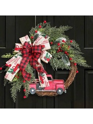 1個15.7"x13.8"聖誕花圈,經典紅色卡車裝飾,門前掛著農舍花圈,特殊的聖誕場景佈置,家居窗戶牆面聖誕裝飾花圈,假日裝飾,聖誕禮物