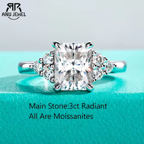 AnuJewel 3ct Radiant Cut D Color Moissanite Engagement Ring 18K Gold Plated Luxurious Wedding Ring W