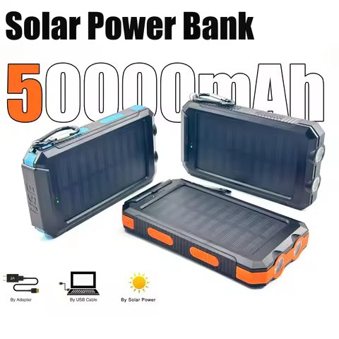 Solar Power Bank 50000mAh Portable Charging Poverbank External Battery Charger Strong Light LDE Ligh