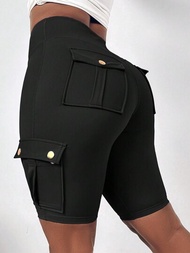 SHEIN Essnce 女式多口袋工作瑜伽黑色緊身短褲，夏季必備