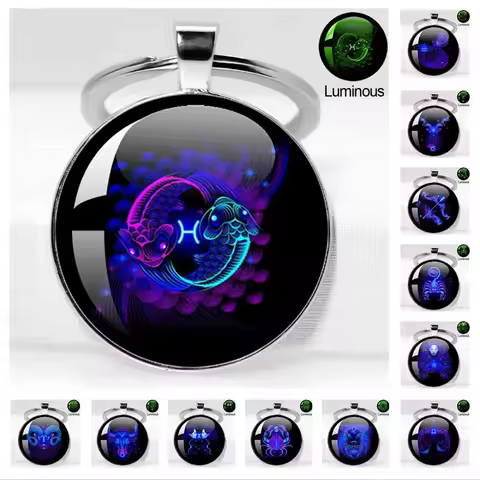 25MM/30MM Luminous Zodiac Signs Keychain Glass Cabochon Cancer Leo Scorpio Constellation Keyring Jew
